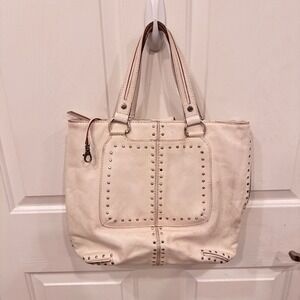 Michael Kors Astor older Studded cream leather big tote well made loved 13x12x3"